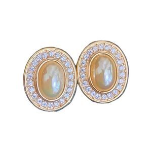 Vintage Roman Brand Signed Oval Faux Pearls Rhinestone Pierced Earrings